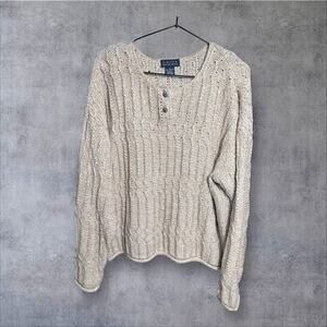 80s The Limited Cream Cotton Cable-Knit Henley Sweater Womens Size L VTG Coastal